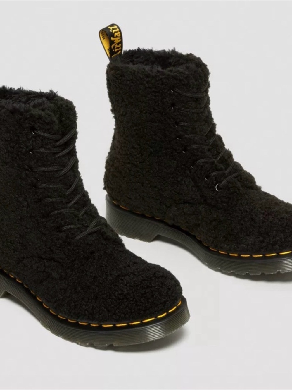 Dr. Martens Black Sherpa Lace-Up Combat Boots with Yellow Stitching